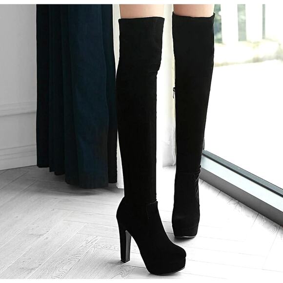 H & M Thigh High Platform Boots Stretch Faux Suede Black 10 - Picture 4 of 16